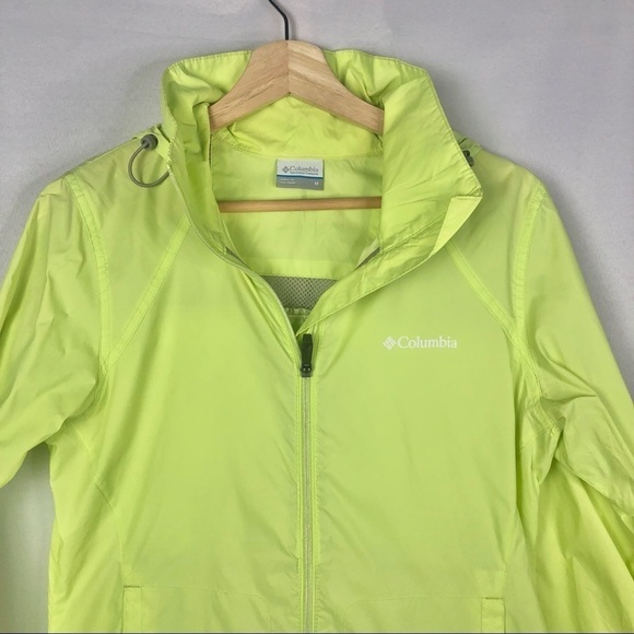 Columbia Bright Neon Yellow Green Packable Lightweight Rain Jacket M - Picture 3 of 6